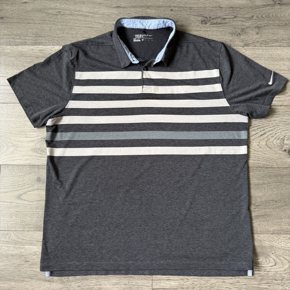 Nike Men’s Golf Dri-FIT Charcoal & Light Blue‎ Gray Striped Polo Shirt - Size XL